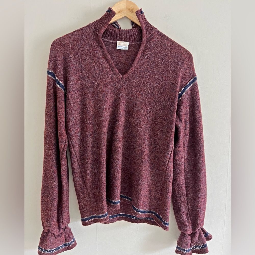 Vintage 70s Miss Pernilla Burgundy Knit Puff Sleeve Ruffle Cuff Sweater - Picture 2 of 11